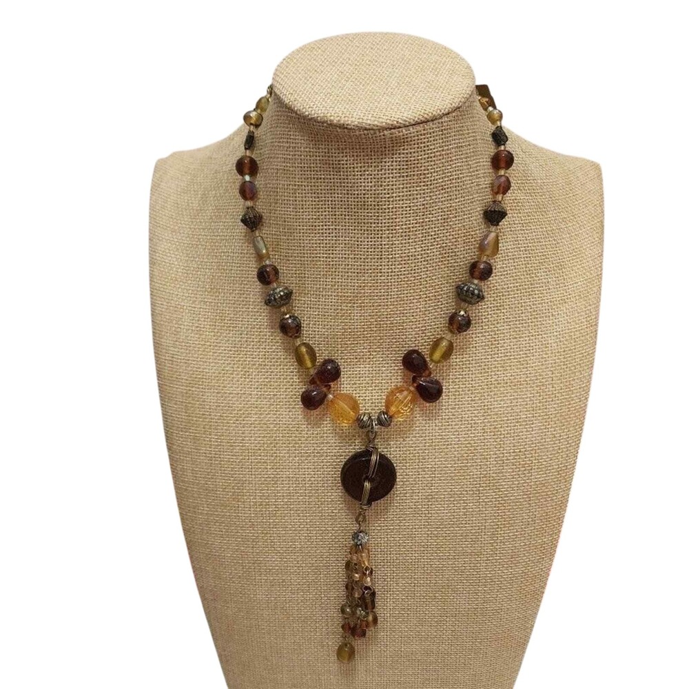 Treska Gypsy Warehouse Beaded Tassel Necklace Brown Amber Gold Wood Pendant NWT